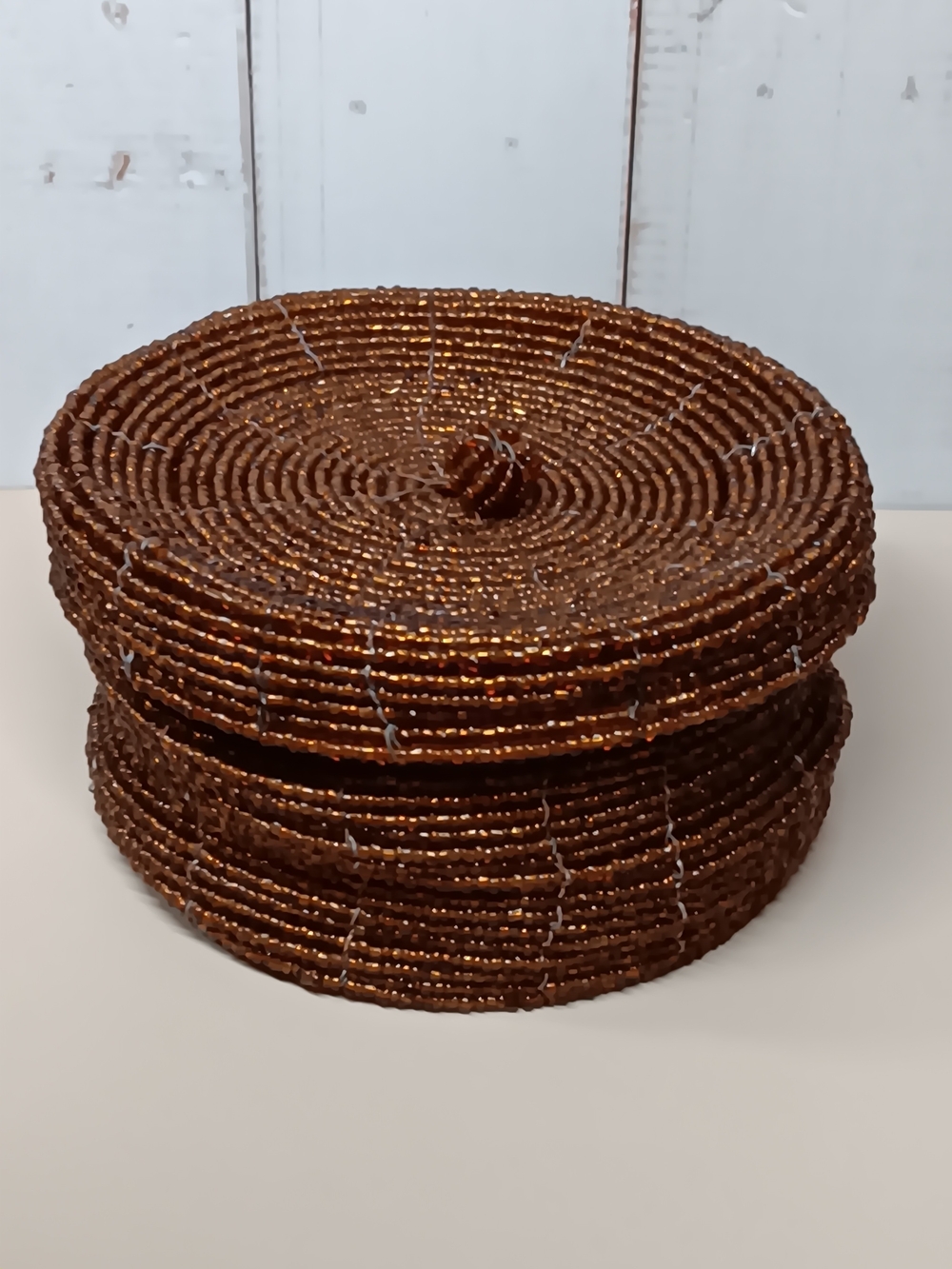 Hand Crafted Copper Brown Beaded Lidded Basket 4" Round